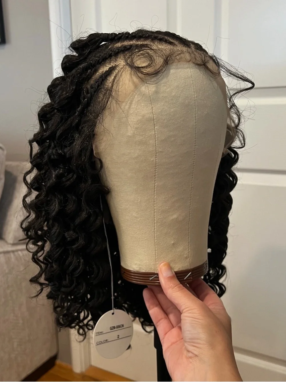 Synthetic 16” Natural Black Curly Lace Front Wig with Cornrowed Parts It#UC9